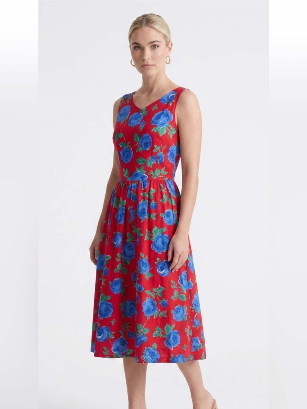 Red Floral Sleeveless Vintage Midi Dress with Blue Roses